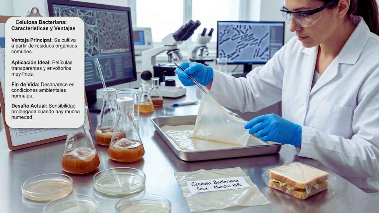 Celulosa fabricada por bacterias para empaques de un solo uso
