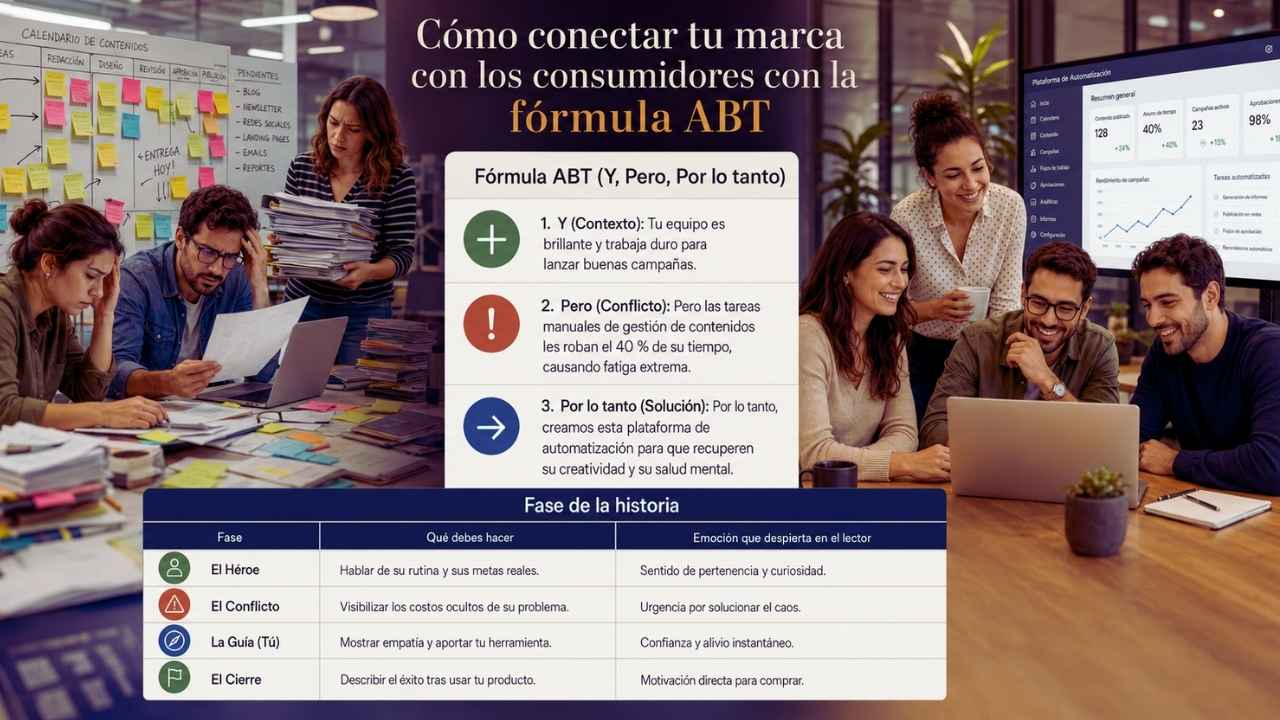 Usa la Fórmula ABT (Y, Pero, Por lo tanto)